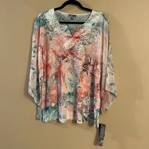 JM Collection Women Floral & Rhinestone Top Size Large